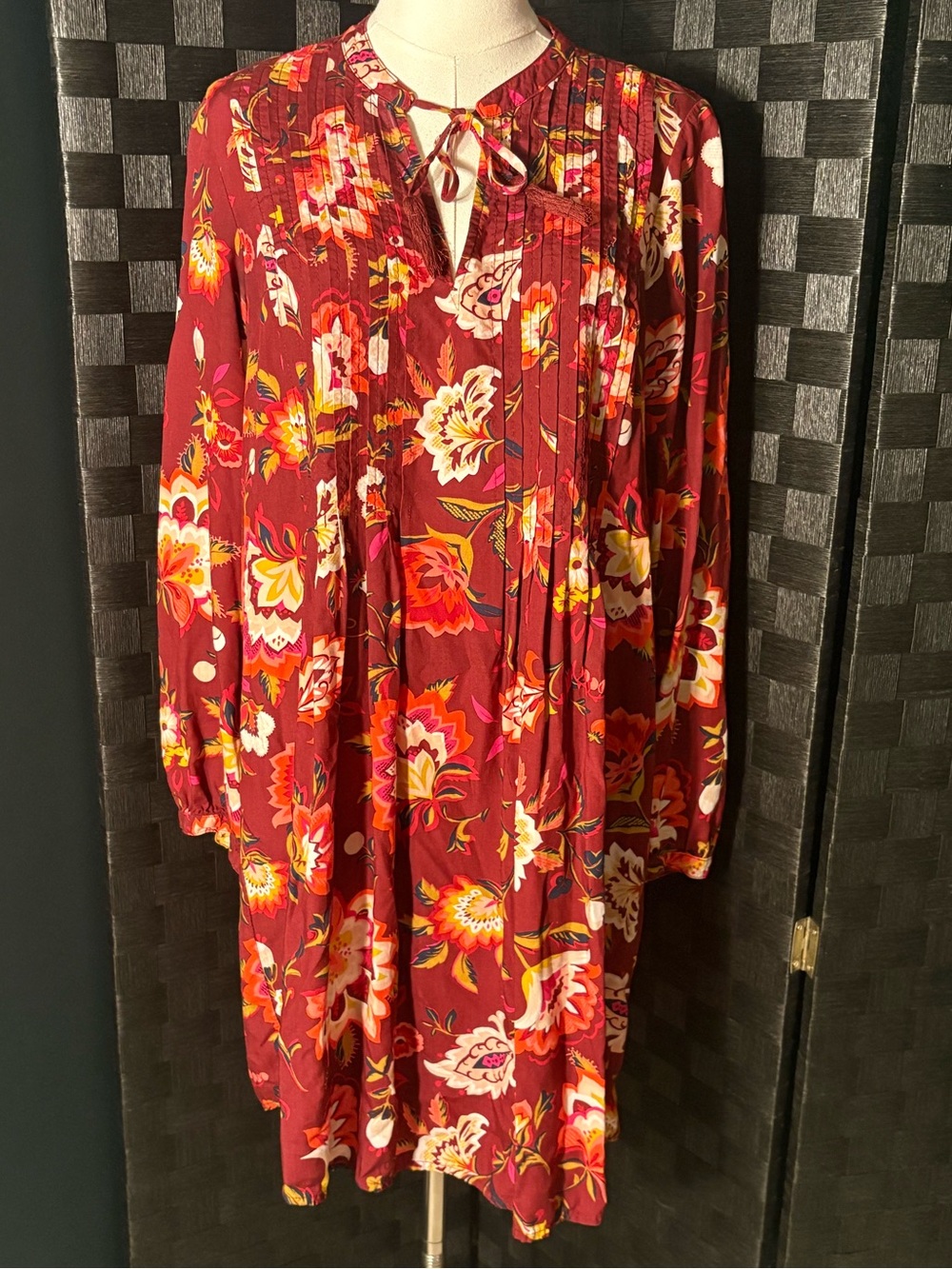 Old Navy Maroon Floral Tunic Dress Long Sleeve Tie Neck Babydoll Peasant